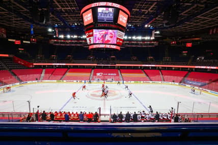 Mar 7, 2021; Calgary, Alberta, CAN; General view of the face off between the Calgary Flames and the Ottawa Senators during the first period at Scotiabank Saddledome. Mandatory Credit: Sergei Belski-USA TODAY Sports