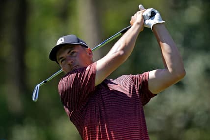 Mar 12, 2021; Ponte Vedra Beach, Florida, USA; Jordan Spieth plays his shot from the eighth tee during the second round of The Players Championship golf tournament at TPC Sawgrass - Stadium Course. Mandatory Credit: Jasen Vinlove-USA TODAY Sports