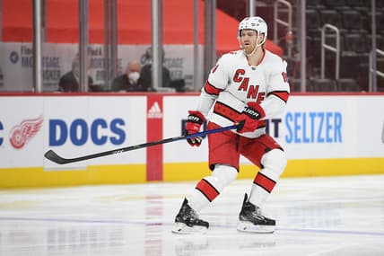 Mar 14, 2021; Detroit, Michigan, USA; Carolina Hurricanes defenseman Dougie Hamilton (19) during the third period against the Detroit Red Wings at Little Caesars Arena. Mandatory Credit: Tim Fuller-USA TODAY Sports