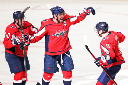 Mar 19, 2021; Washington, District of Columbia, USA;Washington Capitals left wing Alex Ovechkin (8) celebrates with Capitals defenseman Dmitry Orlov (9) and Capitals right wing Daniel Sprong (10) after scoring the go ahead goal against the New York Rangers in the third period at Capital One Arena. Mandatory Credit: Geoff Burke-USA TODAY Sports