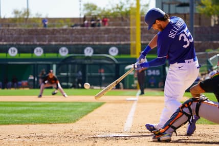 Mar 21, 2021; Phoenix, Arizona, USA; Los Angeles Dodgers outfielder Cody Bellinger (35) at bat against the San Francisco Giants during a Spring Training game at Camelback Ranch, Glendale. Mandatory Credit: Allan Henry-USA TODAY Sports