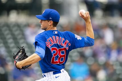 Mar 26, 2021; Mesa, Arizona, USA; Chicago Cubs pitcher Kyle Hendricks against the San Francisco Giants during a Spring Training game at Sloan Park. Mandatory Credit: Mark J. Rebilas-USA TODAY Sports