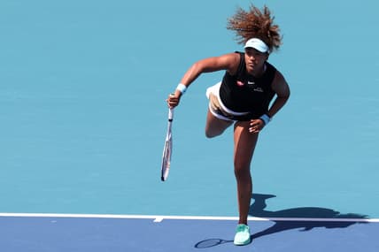 Mar 26, 2021; Miami, Florida, USA; Naomi Osaka of Japan serves against Ajla Tomljanovic of Australia (not pictured) in the second round in the Miami Open at Hard Rock Stadium. Mandatory Credit: Geoff Burke-USA TODAY Sports