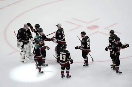 Mar 26, 2021; Glendale, Arizona, USA; Arizona Coyotes players celebrate after defeating the San Jose Sharks at Gila River Arena. Mandatory Credit: Joe Camporeale-USA TODAY Sports