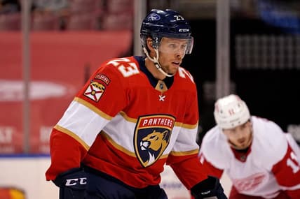 Mar 30, 2021; Sunrise, Florida, USA; Florida Panthers center Carter Verhaeghe (23) takes position on the ice during the second period against the Detroit Red Wings at BB&T Center. Mandatory Credit: Jasen Vinlove-USA TODAY Sports