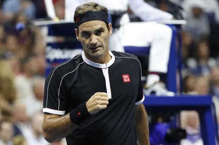 Sep 3, 2019; Flushing, NY, USA; Roger Federer of Switzerland reacts after winning a point against Grigor Dimitrov of Bulgaria (not pictured) in a quarterfinal match on day nine of the 2019 US Open tennis tournament at USTA Billie Jean King National Tennis Center. Mandatory Credit: Geoff Burke-USA TODAY Sports