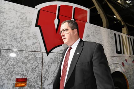 Jan 1, 2020; Pasadena, California, USA; Wisconsin Badgers head coach Paul Chryst arrives at Rose Bowl Stadium before the Rose Bowl game against the Oregon Ducks. Mandatory Credit: Kirby Lee-USA TODAY Sports