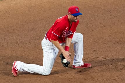 Jul 19, 2020; Philadelphia, Pennsylvania, USA; Philadelphia Phillies third baseman Neil Walker fields a ground ball against the Baltimore Orioles at Citizens Bank Park. Mandatory Credit: Bill Streicher-USA TODAY Sports