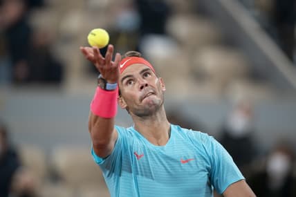 Oct 11, 2020;  Paris, France; Rafael Nadal (ESP) in action during his match against Novak Djokovic (SRB) on day 15 at Stade Roland Garros. Mandatory Credit: Susan Mullane-USA TODAY Sports