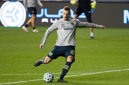 Oct 24, 2020; Philadelphia, Pennsylvania, USA; Philadelphia Union forward Kacper Przybylko (23) before action against Toronto FC at Subaru Park. Mandatory Credit: Bill Streicher-USA TODAY Sports