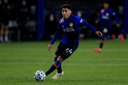 Oct 24, 2020; Cincinnati, OH, USA; FC Cincinnati midfielder Frankie Amaya (24) controls the ball against Minnesota United FC in the first half at Nippert Stadium. Mandatory Credit: Aaron Doster-USA TODAY Sports
