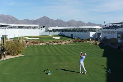 Feb 7, 2021; Scottsdale, Arizona, USA; Brooks Koepka on the par 3 16th hole during the final round of the Waste Management Phoenix Open golf tournament at TPC Scottsdale. Mandatory Credit: Allan Henry-USA TODAY Sports