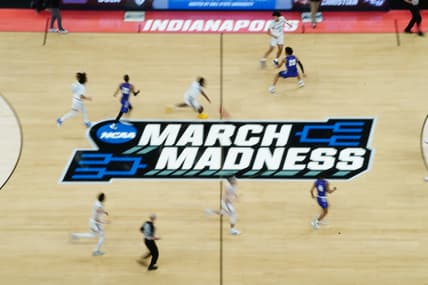 Mar 22, 2021; Indianapolis, Indiana, USA; General view of the March madness logo during the game between the UCLA Bruins and the Abilene Christian Wildcats in the second round of the 2021 NCAA Tournament at Bankers Life Fieldhouse. Mandatory Credit: Kirby Lee-USA TODAY Sports