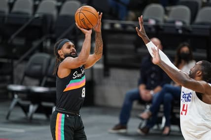 Mar 25, 2021; San Antonio, Texas, USA; San Antonio Spurs guard Patty Mills (8) shoots in the first half against the Los Angeles Clippers at the AT&T Center. Mandatory Credit: Daniel Dunn-USA TODAY Sports
