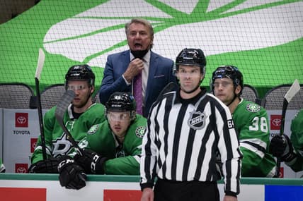 Mar 25, 2021; Dallas, Texas, USA; Tampa Bay Lightning head coach Rick Bowness yells to his team during the third period against the Tampa Bay Lightning at the American Airlines Center. Mandatory Credit: Jerome Miron-USA TODAY Sports