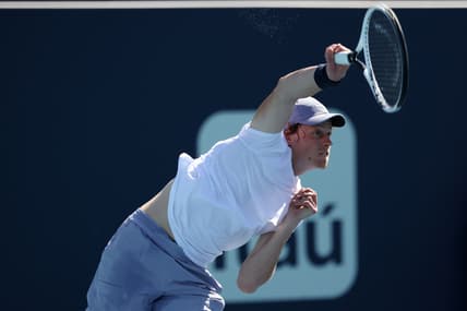 Mar 31, 2021; Miami, Florida, USA; Jannik Sinner of Italy serves against Alexander Bublik of Kazakhstan (not pictured) in a men's singles quarterfinal in the Miami Open at Hard Rock Stadium. Mandatory Credit: Geoff Burke-USA TODAY Sports