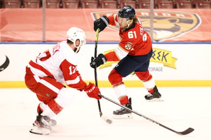 Apr 1, 2021; Sunrise, Florida, USA; Florida Panthers defenseman Riley Stillman (61) shoots the puck around Detroit Red Wings defenseman Filip Hronek (17) during the second period at BB&T Center. Mandatory Credit: Sam Navarro-USA TODAY Sports
