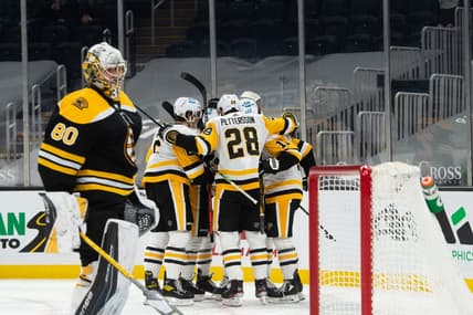 Apr 1, 2021; Boston, Massachusetts, USA; Pittsburgh Penguins defenseman Marcus Pettrsson (28) celebrates with teammates after Zach Aston-Reese (12) scored a goal against the Boston Bruins in the second period at TD Garden. Mandatory Credit: Kathryn Riley-USA TODAY Sports