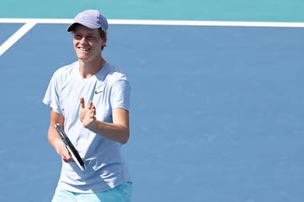 Apr 2, 2021; Miami, Florida, USA; Jannik Sinner of Italy waves to the crowd after his match against Roberto Bautista Agut of Spain (not pictured) in a men's singles semifinal in the Miami Open at Hard Rock Stadium. Mandatory Credit: Geoff Burke-USA TODAY Sports