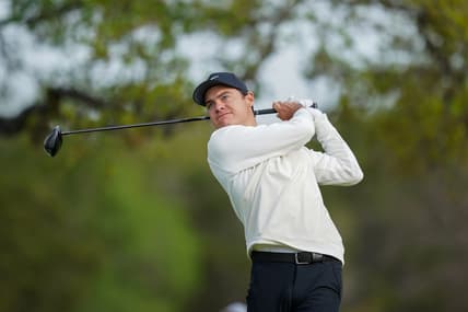 Apr 2, 2021; San Antonio, Texas, USA; Kris Ventura watches his drive on hole 2 during the second round of the Valero Texas Open golf tournament. Mandatory Credit: Daniel Dunn-USA TODAY Sports