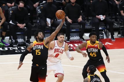 Apr 2, 2021; Salt Lake City, Utah, USA;  Utah Jazz center Derrick Favors (15) grabs a rebound in the second quarter against the Chicago Bulls at Vivint Smart Home Arena. Mandatory Credit: Rob Gray-USA TODAY Sports