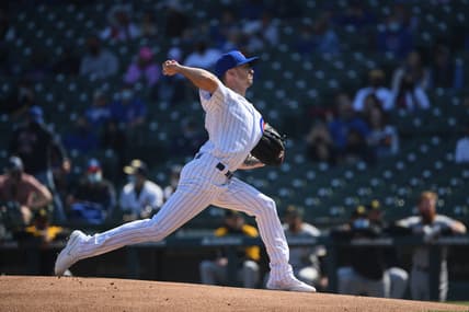 Apr 4, 2021; Chicago, Illinois, USA; Chicago Cubs starting pitcher Zach Davies (27) pitches in the first inning against the Pittsburgh Pirates at Wrigley Field. Mandatory Credit: Quinn Harris-USA TODAY Sports