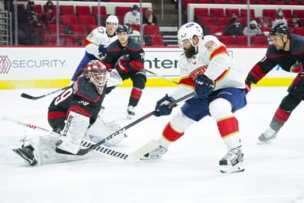 Apr 8, 2021; Raleigh, North Carolina, USA; Carolina Hurricanes goaltender Alex Nedeljkovic (39) stops a shot by Florida Panthers defenseman Radko Gudas (7) during the first period at PNC Arena. Mandatory Credit: James Guillory-USA TODAY Sports