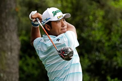 Apr 10, 2021; Augusta, Georgia, USA; Hideki Matsuyama plays his shot from the 15th tee during the third round of The Masters golf tournament. Mandatory Credit: Michael Madrid-USA TODAY Sports