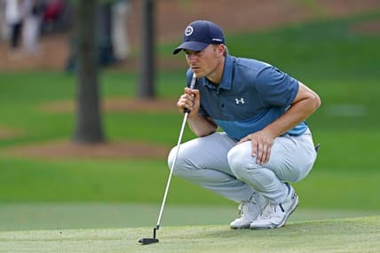 Apr 11, 2021; Augusta, Georgia, USA; Jordan Spieth lines up his putt on the seventh green during the final round of The Masters golf tournament. Mandatory Credit: Michael Madrid-USA TODAY Sports