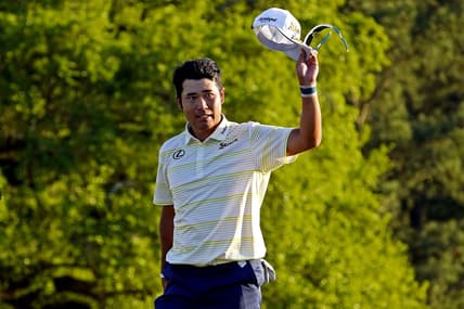 Apr 11, 2021; Augusta, Georgia, USA; Hideki Matsuyama reacts on the 18th green after winning The Masters golf tournament. Mandatory Credit: Michael Madrid-USA TODAY Sports