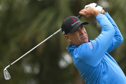 Apr 16, 2021; Hilton Head, South Carolina, USA; Stewart Cink tees off on the ninth hole during the second round of the RBC Heritage golf tournament. Mandatory Credit: Joshua S. Kelly-USA TODAY Sports