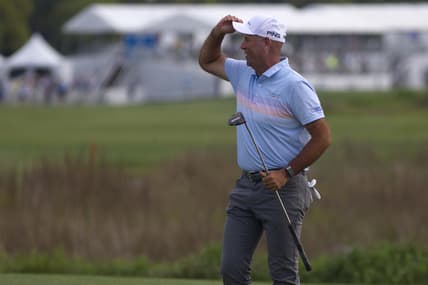 Apr 18, 2021; Hilton Head, South Carolina, USA; Stewart Cink reacts on the green of the eighteenth hole after winning the 2021 RBC Heritage golf tournament. Mandatory Credit: Joshua S. Kelly-USA TODAY Sports
