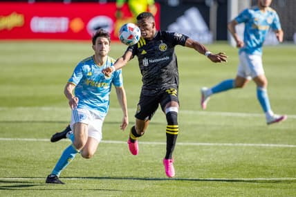 Apr 18, 2021; Columbus, Ohio, USA; Columbus Crew SC midfielder Luis Diaz (12) heads the ball in the first half against the Philadelphia Union  at Historic Crew Stadium. Mandatory Credit: Trevor Ruszkowski-USA TODAY Sports