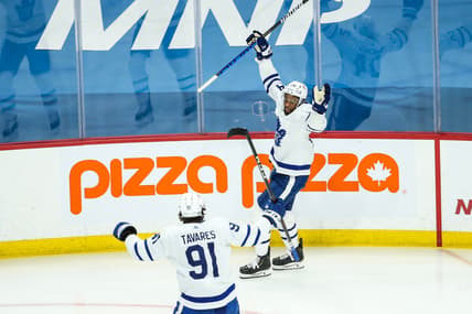 Apr 22, 2021; Winnipeg, Manitoba, CAN;  Toronto Maple Leafs forward Wayne Simmonds (24) celebrates his goal against the Winnipeg Jets during the first period at Bell MTS Place. Mandatory Credit: Terrence Lee-USA TODAY Sports