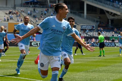 Apr 24, 2021; New York, New York, USA; New York City forward Jesus Medina (19) celebrates his goal against the FC Cincinnati  during the first half at Yankee Stadium. Mandatory Credit: Dennis Schneidler-USA TODAY Sports