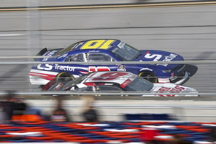 Apr 24, 2021; Talladega, AL, USA; NASCAR Xfinity Series driver Jeb Burton (10) and NASCAR Xfinity Series driver Josh Berry (8) at Talladega Superspeedway. Mandatory Credit: Marvin Gentry-USA TODAY Sports