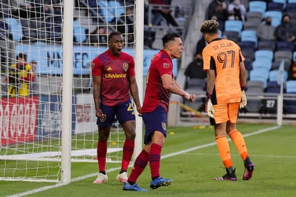 Apr 24, 2021; Saint Paul, MN, USA; Real Salt Lake forward Anderson Julio (29) celebrates after scoring a goal against Minnesota United in the first half at Allianz Field. Mandatory Credit: Brad Rempel-USA TODAY Sports
