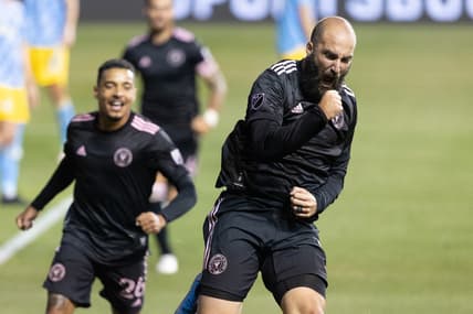 Apr 24, 2021; Philadelphia, Pennsylvania, USA; Inter Miami forward Gonzalo Higuain (9) reacts to his goal against the Philadelphia Union during the second half during the second half at Talen Energy Stadium. Mandatory Credit: Bill Streicher-USA TODAY Sports