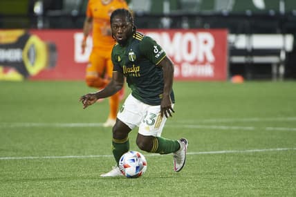 Apr 24, 2021; Portland, Oregon, USA; Portland Timbers forward Yimmi Chara (23) controls a pass against the Houston Dynamo during the first half at Providence Park. Mandatory Credit: Troy Wayrynen-USA TODAY Sports