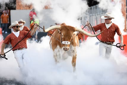 Oct 19, 2019; Austin, TX, USA; Texas Longhorns live mascot Bevo introduced to crowd before game against Kansas Jayhawks at Darrell K Royal-Texas Memorial Stadium. Mandatory Credit: Scott Wachter-USA TODAY Sports