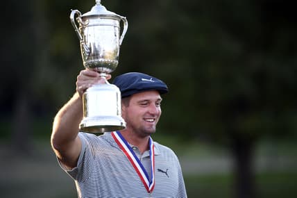 Sep 20, 2020; Mamaroneck, New York, USA; Bryson DeChambeau poses and celebrates with the trophy after winning the U.S. Open golf tournament at Winged Foot Golf Club - West. Mandatory Credit: Danielle Parhizkaran-USA TODAY Sports