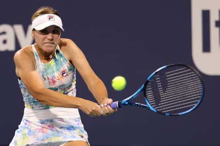 Mar 26, 2021; Miami, Florida, USA; Sofia Kenin of the United States hits a backhand against Andrea Petkovic of Germany (not pictured) in the second round in the Miami Open at Hard Rock Stadium. Mandatory Credit: Geoff Burke-USA TODAY Sports