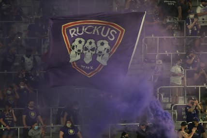 May 1, 2021; Orlando, Florida, USA; Orlando City fans celebrate after the match against FC Cincinnati at Orlando City Stadium. Mandatory Credit: Matt Stamey-USA TODAY Sports