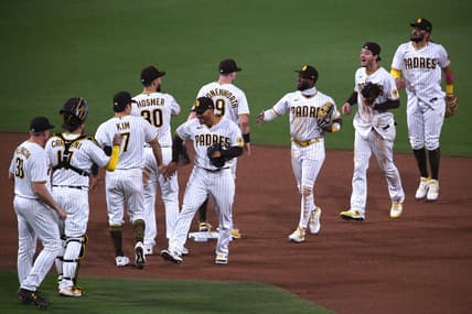 May 5, 2021; San Diego, California, USA; San Diego Padres players celebrate on the field after defeating the Pittsburgh Pirates at Petco Park. Mandatory Credit: Orlando Ramirez-USA TODAY Sports