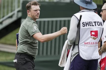 May 7, 2021; Charlotte, North Carolina, USA;  Matt Wallace finishes the day with a 67 during the second round of the Wells Fargo Championship golf tournament. Mandatory Credit: Jim Dedmon-USA TODAY Sports