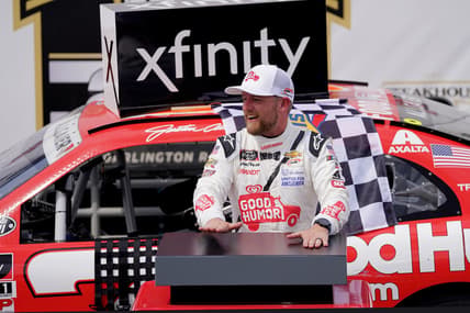 May 8, 2021; Darlington, SC, USA; NASCAR Xfinity Series driver Justin Allgaier celebrates after winning the Steakhouse Elite 200 at Darlington Raceway. Mandatory Credit: Jasen Vinlove-USA TODAY Sports