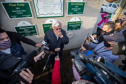 Medina Spirit's trainer Bob Baffert talks with the media the morning after winning the Kentucky Derby with Medina Spirit. One week later it was announced that the horse tested positive for an abundance of an anti-inflammatory drug following the race. April 26, 2021

Aj4t9233