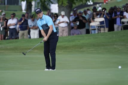 May 13, 2021; McKinney, Texas, USA; Jordan Spieth watches his putt on the eighteenth green for an eagle during the first round of the AT&T Byron Nelson golf tournament. Mandatory Credit: Jim Cowsert-USA TODAY Sports