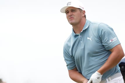 May 19, 2021; Kiawah Island, South Carolina, USA; Bryson DeChambeau watches his tee shot on the fifteenth hole during a practice round for the PGA Championship golf tournament at Ocean Course at Kiawah Island Resort. Mandatory Credit: Geoff Burke-USA TODAY Sports