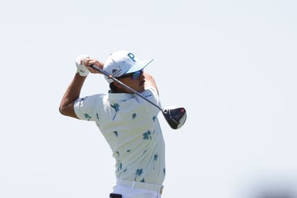 May 20, 2021; Kiawah Island, South Carolina, USA; Rickie Fowler hits his tee shot on the 9th hole during the first round of the PGA Championship golf tournament. Mandatory Credit: Geoff Burke-USA TODAY Sports